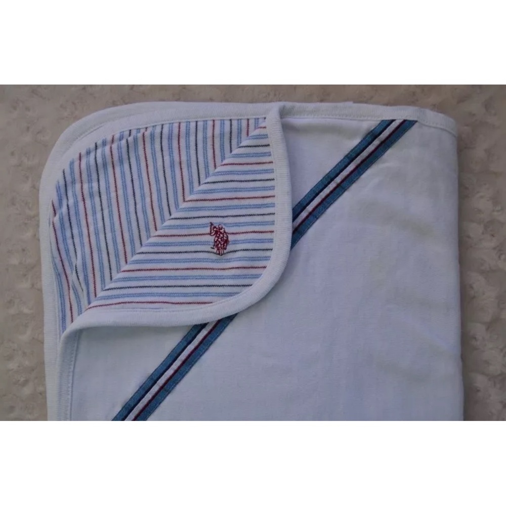 US Polo Assn Baby Blanket Lovey White Blue Red Stripes Horse Logo STAINS